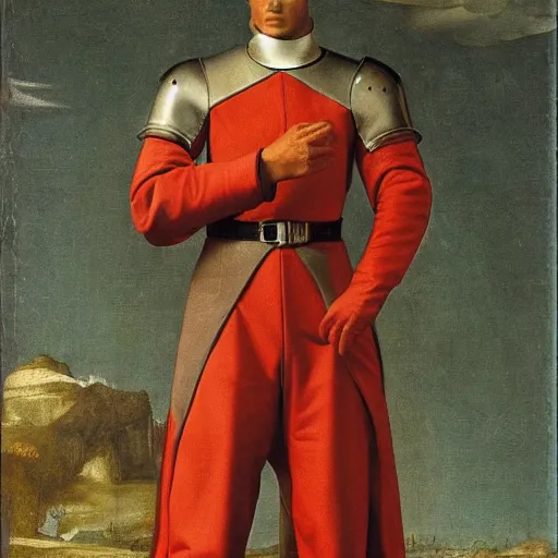 Image similar to starfleet uniform, a knight of the round table in starfleet uniform, by agnolo bronzino and giovanni bellini