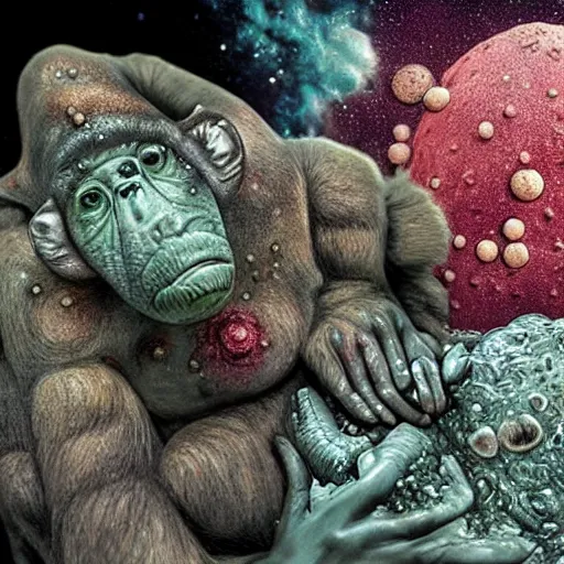 Image similar to measles on a deformed hideous pustule covered monkey, sores, bumps, skin wounds, surface hives, growths, horror, fantasy, highly detailed, by Dan Hillier, ooze, slime, in background nebula of bacteriophages