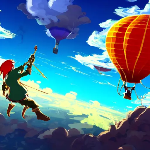 Prompt: cartoon of a ibis - headed man in a hot - air balloon floating in a sea of clouds, in the style of yusuke nakano, breath of the wild, trending on artstation, concept art, bronze age