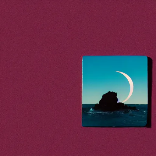 Image similar to album cover with crescent moon over maroon ocean