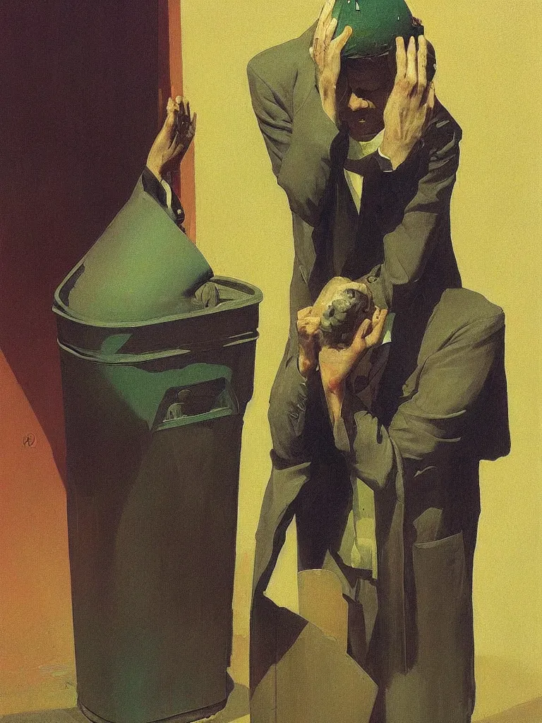 Image similar to magician with a trash over his head praying to a trash bin Edward Hopper and James Gilleard, Zdzislaw Beksinski highly detailed