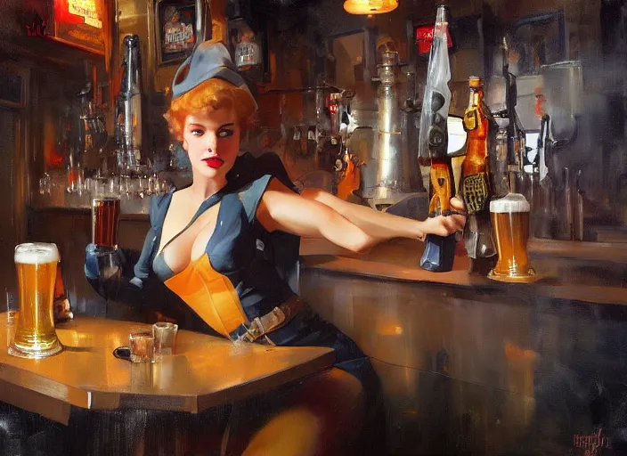 Image similar to greg manchess painting of a delicious mug of beer in a dieselpunk bar, medium shot, organic painting, matte painting, bold shapes, hard edges, street art, trending on artstation, by huang guangjian and gil elvgren and sachin teng