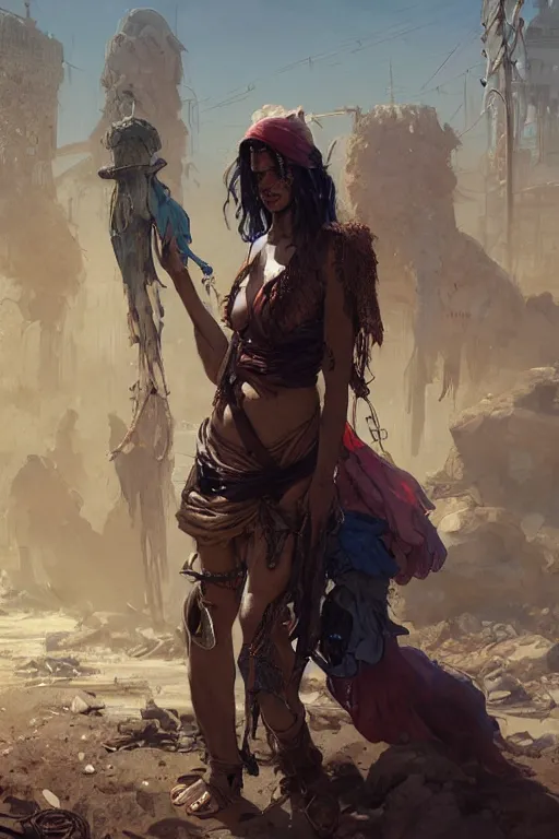 Prompt: a full body portrait of a beautiful post apocalyptic offworld harbor district bedouin blind pulp fiction scarlet wild rogue barbarian leper begging by the roadside, intricate, elegant, highly detailed, digital painting, artstation, concept art, smooth, sharp focus, illustration, art by krenz cushart and artem demura and alphonse mucha