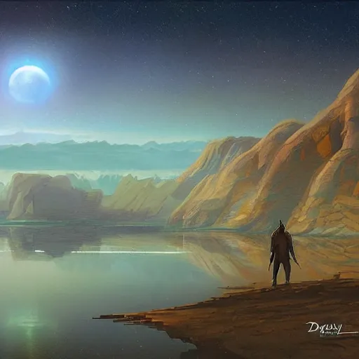 Image similar to a serene alien landscape by doug chiang