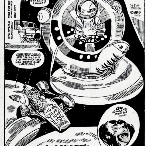 Image similar to alien racing drivers, space, comic, racers, retro, 70s, comic book, girl