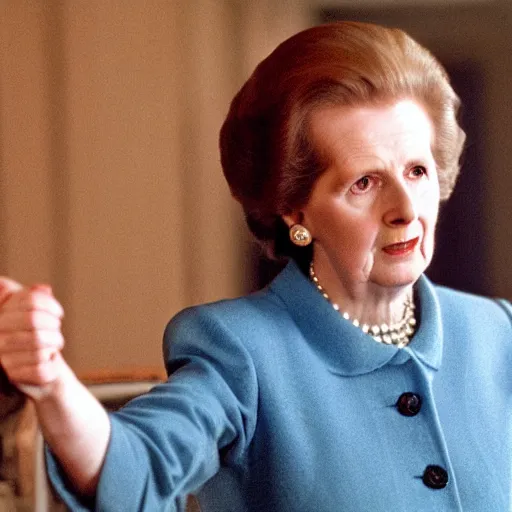 Image similar to A movie still of Margaret Thatcher in The Shining