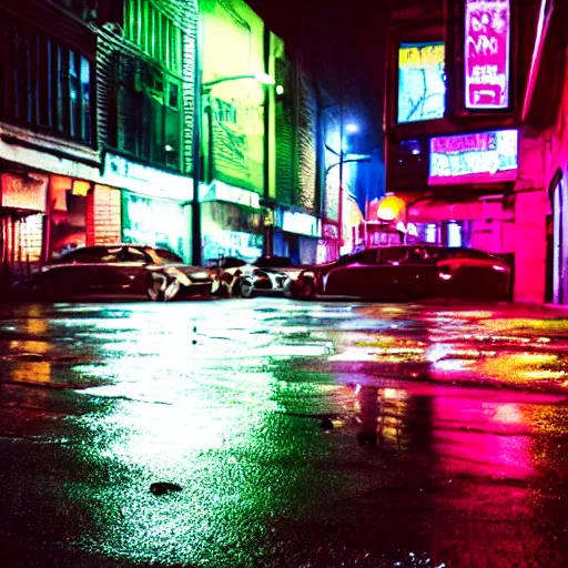 Prompt: a high quality low wide angle photo of a tiger on the streets of a cyberpunk city, rainy, reflective ground, neon lights, realism, 8k