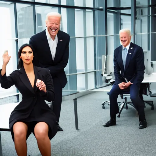 Image similar to stock photo of kim kardashian, and joe biden wearing suits and ties laughing in an office building, 8k resolution, full HD, cinematic lighting, award winning, anatomically correct