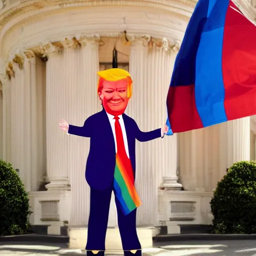 Prompt: Donald Trump wearing a dress and holding a pride flag