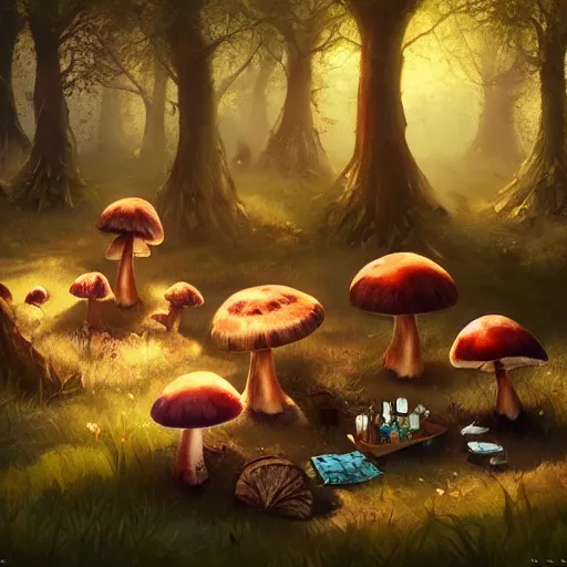 Image similar to a cute picnic in a mushroom forest. dramatic lighting, cgsociety masterpiece, artstation trending, greg rutkowski, 4k, digital art, concept art