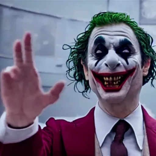 Prompt: A still of Mr Bean as the Joker pointing a gun at the camera in Joker (2019)