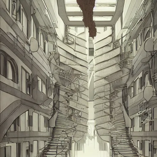 Image similar to a rotten fungus mushroom clump in a bright white hallway with many doors and stairs, Mc Escher architecture, epic composition, by Makoto Shinkai