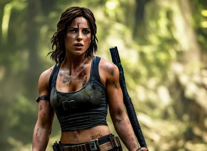 Image similar to film still of!!!! chloe bennett!!! as lara croft in new tomb raider movie, 8 k