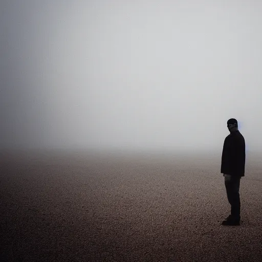 Image similar to a lonely man standing on a deserted planet, dreary, head down, smokey, mist, blur, ambient lighting, photograph, 24mm,