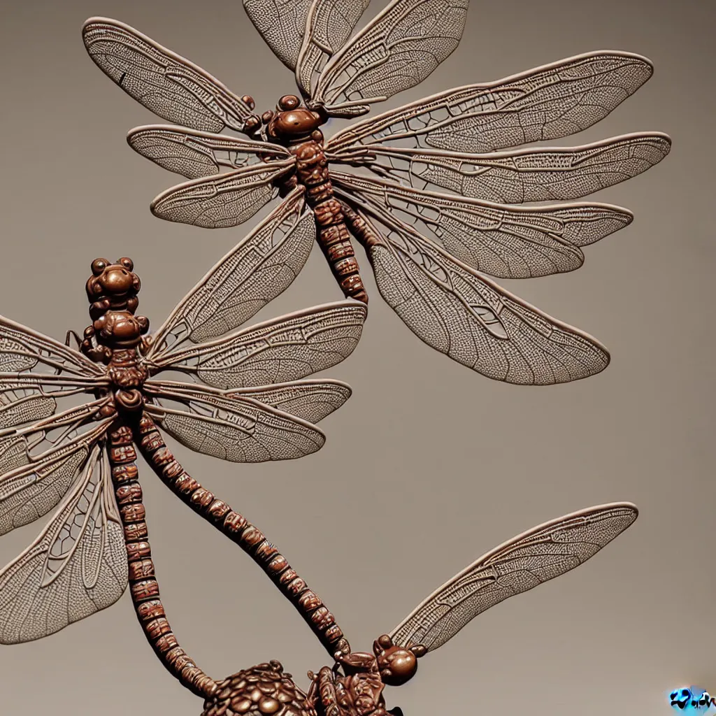 Image similar to A single Close up photo-real delicate ceramic porcelain sculpture of an ornate Symmetrical dragonfly detailed in front of an intricate background by Victo Ngai and takato yamamoto, micro detail, backlit lighting, face in focus, subsurface scattering, translucent, thin porcelain, octane renderer, colorful, physically based rendering, japanese pottery, trending on cgsociety