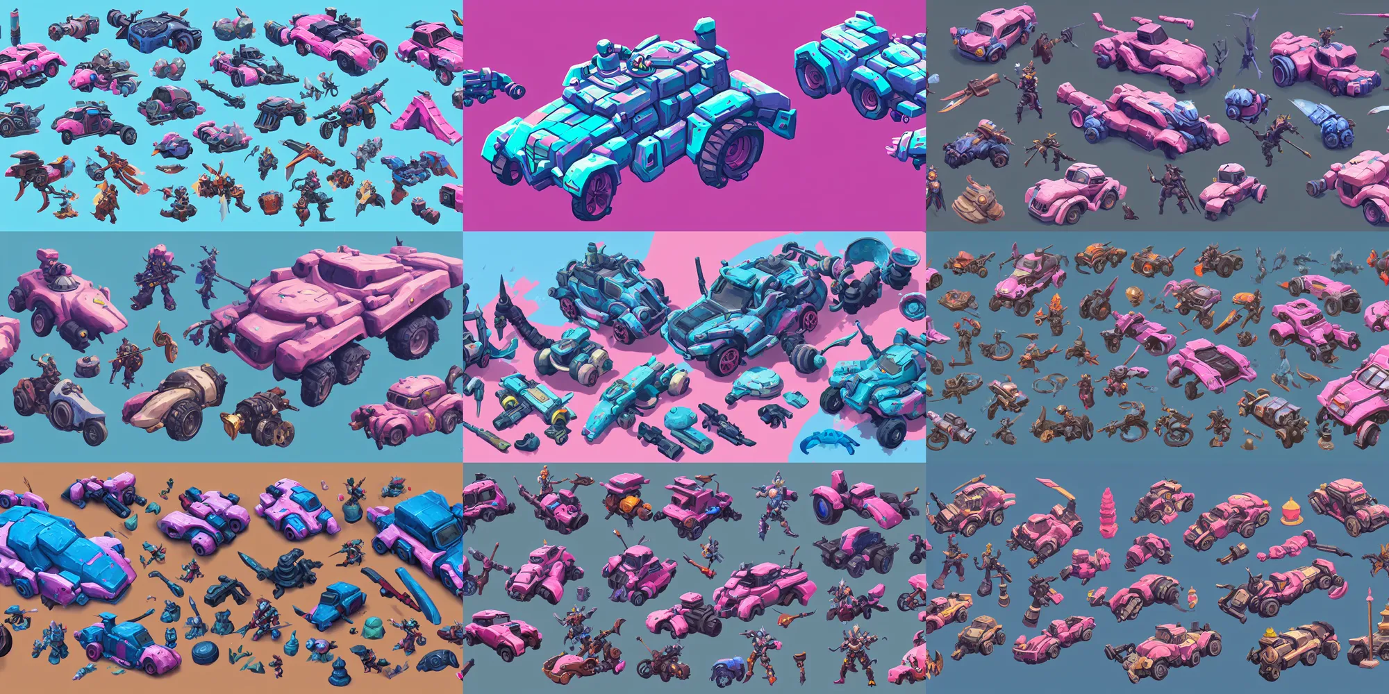 Prompt: game asset of ornamental vehicles, in gouache detailed paintings, props, stylized, 2 d sprites, kitbash, arcane, overwatch, blue and pink color scheme, 8 k, close up
