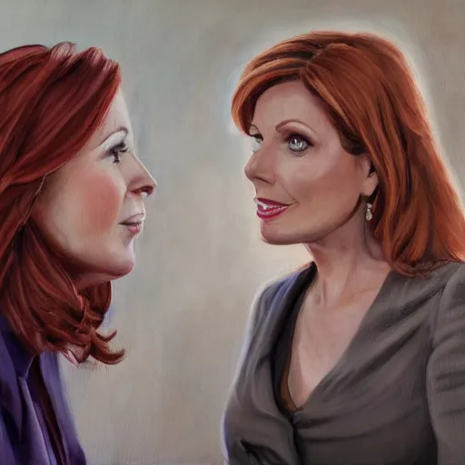 Image similar to stunning portrait painting of news anchorwoman liz claman reporting from rivendell interviewing arwen, lord of the rings movie, by daniella zalcman, directed by peter jackson, highly detailed, canon eos r 3, f / 1. 4, iso 2 0 0, 1 / 1 6 0 s, 8 k, raw, symmetrical balance