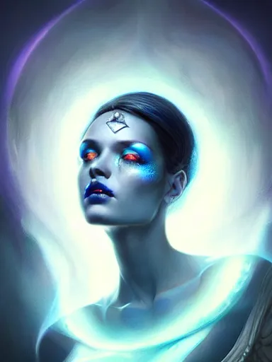 Image similar to dark sorceress with blue skin by james jean, charlie bowater, tom bagshaw, nikolay makovsky, melanie delon : : enchanting, ethereal, magical, glowing, sparkle, prismatic, portrait, character design, illustration, hyperrealism, photorealism, digital art, concept art, dark fantasy, whimsy, weta, wlop, artstation