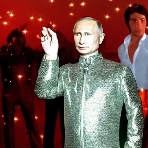 Image similar to Putin wearing a disco suit in Saturday Night Fever