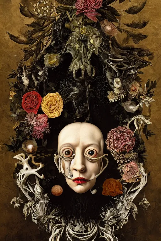 Image similar to Detailed maximalist portrait with large lips and with large white eyes, exasperated expression, botany bones, HD mixed media, 3D collage, highly detailed and intricate, surreal illustration in the style of Caravaggio, dark art, baroque