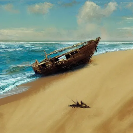 Image similar to shipwreck on a sandy beach on a sunny day, art by craig mullins, highly detailed, trending on artstation, award winning