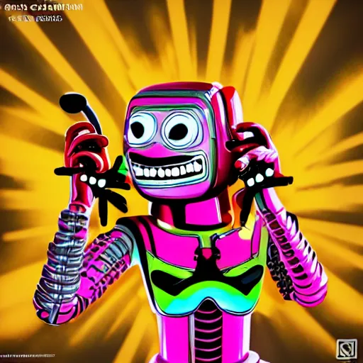 Image similar to artgerm, psychedelic laughing robot chicken by seth green, rocking out, headphones dj rave, digital artwork, r. crumb, svg vector