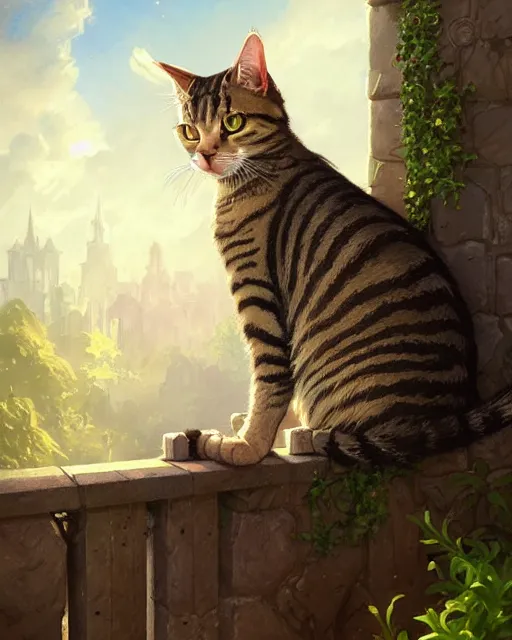 Image similar to A tabby cat sitting on a garden wall, deep focus, D&D, fantasy, intricate, elegant, highly detailed, digital painting, artstation, concept art, matte, sharp focus, illustration, hearthstone, art by Artgerm and Greg Rutkowski and Alphonse Mucha