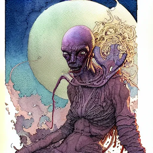 Image similar to a simple and atmospheric watercolour portrait of a pulp sci - fi alien demon, very muted colors, by rebecca guay, michael kaluta, charles vess and jean moebius giraud