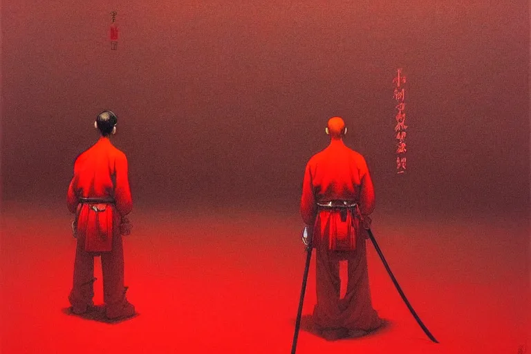 Image similar to only with red, a red samurai harakiri, tokio, a lot of frogs watch, in the style of beksinski, parts by edward hopper, parts by rodcenko, parts by yue minjun, intricate and epic composition, red by caravaggio, insanely quality, highly detailed, masterpiece, red light, artstation, 4 k