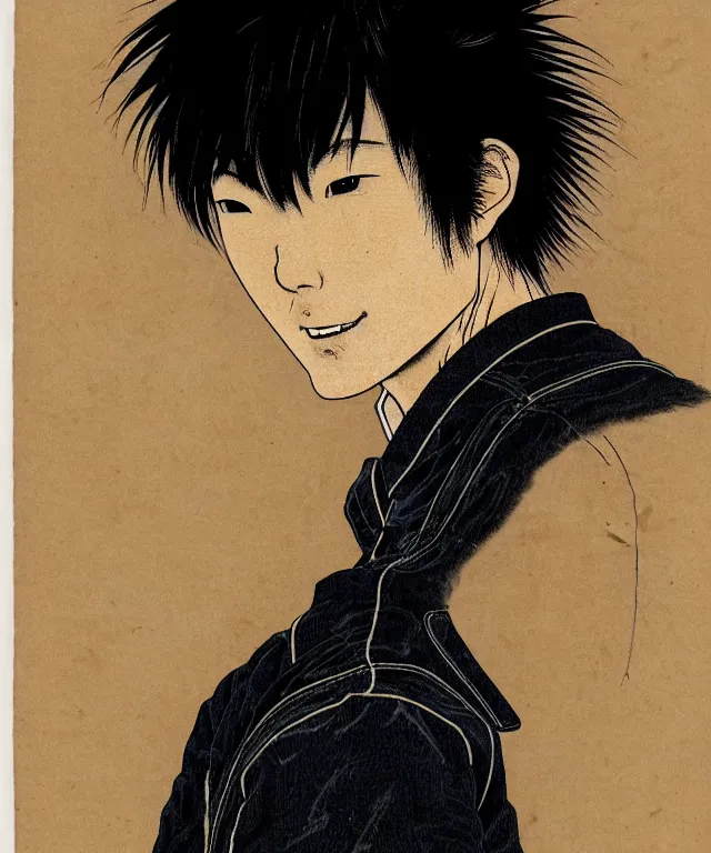 Prompt: a portrait of a smirking young japanese man, his hair is messy and unkempt, he is wearing an embroidered leather jacket, a masterful and highly - skilled full color illustration by otomo katsuhiro and kim jung gi, half - profile portrait, realistic proportions and anatomy, dynamic