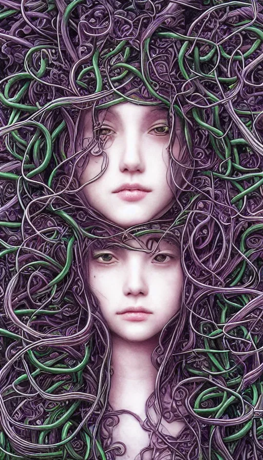 Image similar to very detailed portrait of a 2 0 years old girl surrounded by tentacles, the youg woman visage is blooming from fractal and vines, by yoshitaka amano,