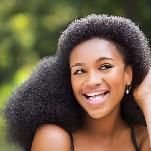 Image similar to stylish portrait of a young woman with an afro wearing a tennis visor, smiling, outside, sigma 8 5 mm f / 1. 4, realistic photo