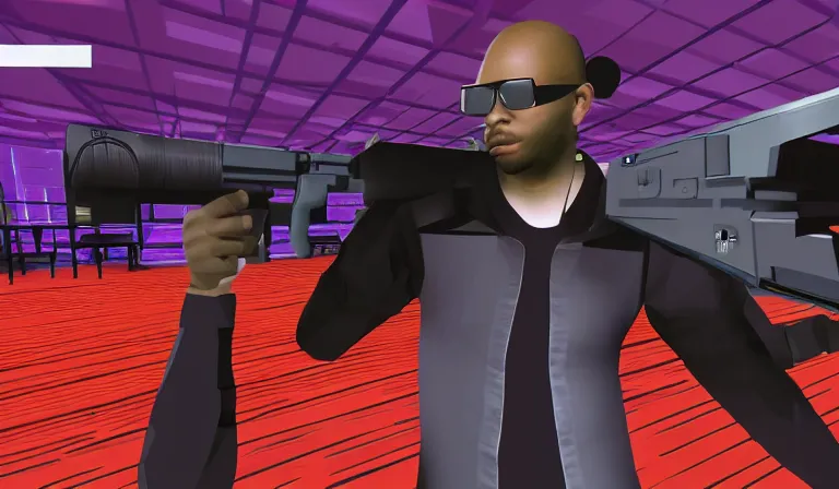 Image similar to ltj bukem in perfect dark giving you dj training, 9 0 s first person shooter, low poly, gameplay screenshot