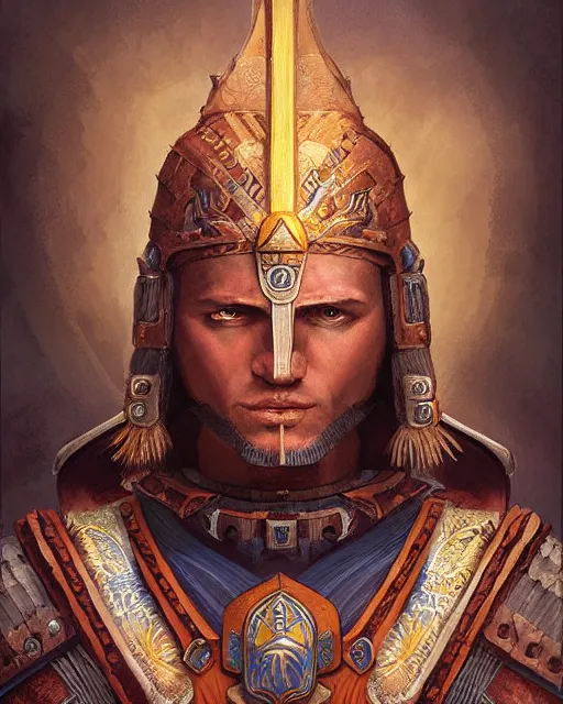 Image similar to digital painting of a mayan knight by filipe pagliuso and justin gerard, symmetric, fantasy, detailed, intricate, portrait, sharp focus, tarot card, handsome, gwent