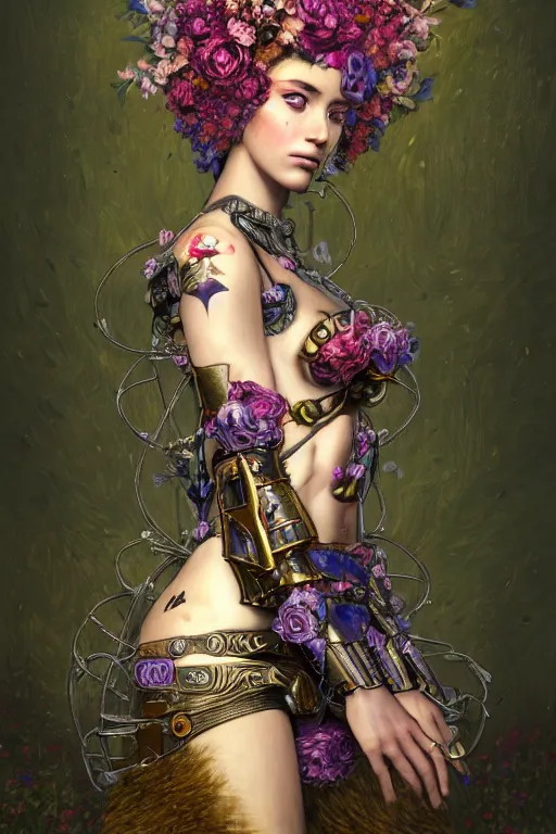 Image similar to portrait of beautiful young mainem, warhammer, cyber armor, a lot of more scars, more and more flowers, the middle ages, highly detailed, artstation, illustration, sylvari portrait, 8 k quality, art by gustav klimt