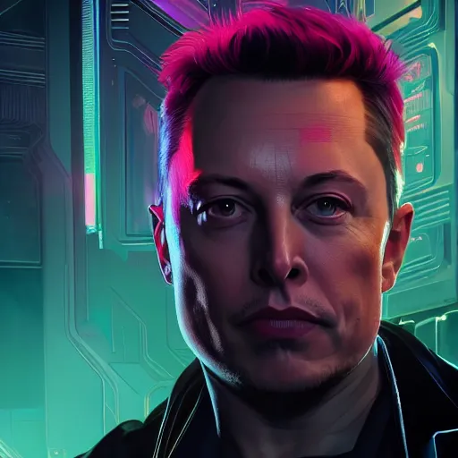Prompt: ominous portrait, portrait of Elon Musk as a cyberpunk 2077 loading screen, symmetry, front view, intricate, studio, art by anthony macbain + greg rutkowski + alphonse mucha, concept art, 4k, sharp focus