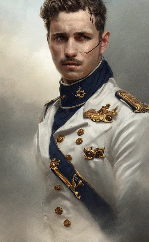 Prompt: official Portrait of a naval officer, male, detailed face, 19th century, highly detailed, cinematic lighting, digital art painting by greg rutkowski