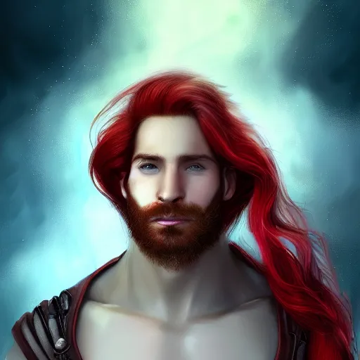 Prompt: portrait of a handsome male ship captain with long red hair!!!!!!, 30 years old, bashful, upper body, ethereal, muscular, friendly, playful, D&D, hairworks, Unreal 4, fantasy, elegant, highly detailed, digital painting, hairworks, deviantart, artstation, concept art, sharp focus, dramatic lighting, illustration, art by Artgerm and Greg Rutkowski and Alphonse Mucha