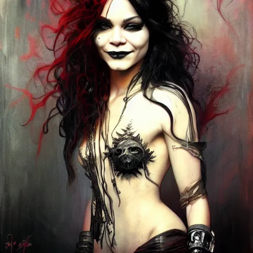 Image similar to beautiful portrait of vanessa hudgens as death from sandman, smiling, by cedric peyravernay, alphonse mucha, by jeremy mann, by lecouffe deharme, goth chic, soft lightning, eyeliner, punk rock, high detailed, 8 k