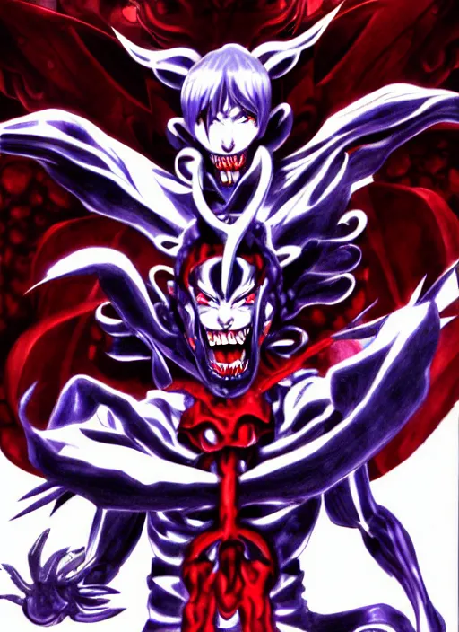 Prompt: shin megami tensei art of a demon called gigachad, art by kazuma kaneko, demonic! compedium!, law aligned, digital drawing, white background, very high quality, very highly detailed