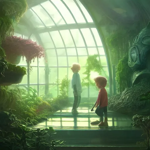 Image similar to , boy with grandma in scifi green house, spaceship, plants, stephen bliss, misty, unreal engine, fantasy art by greg rutkowski, loish, ferdinand knab, and lois van rossdraws, global illumination, radiant light, minimalist, detailed and intricate environment