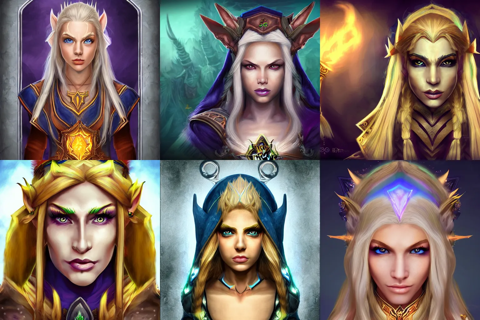 Prompt: a warcraft mage character symmetrical female face game portrait, long blond hair, spiky elf ears, ultra HD, hand painted style, ambient light background, rim light on character