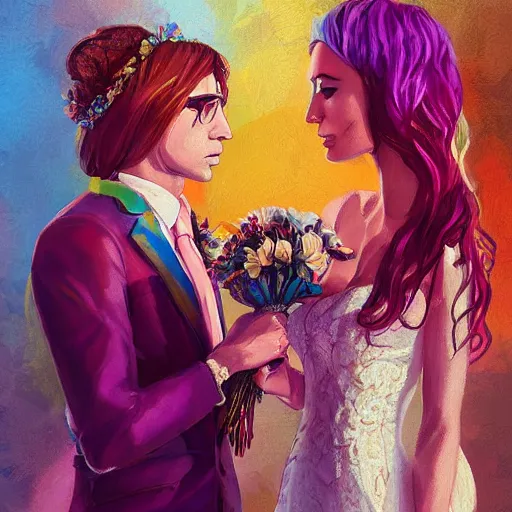 Image similar to lgbt wedding in 1 9 7 0 hippie fashion, digital painting, ultradetailed, artstation, oil painting, ultradetailed, artstation