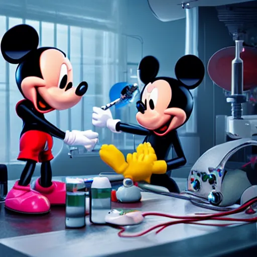 Image similar to a cybertronic mickey mouse being dissected by a group of scientists, octane render, beeple, cgstation, 3 d render, very detailed, mindblowing