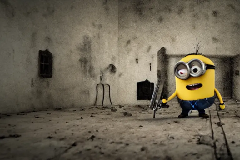 Image similar to a still gru shooting minions, horror movie, scary, horror, blood, lonely abandoned house, motion blur