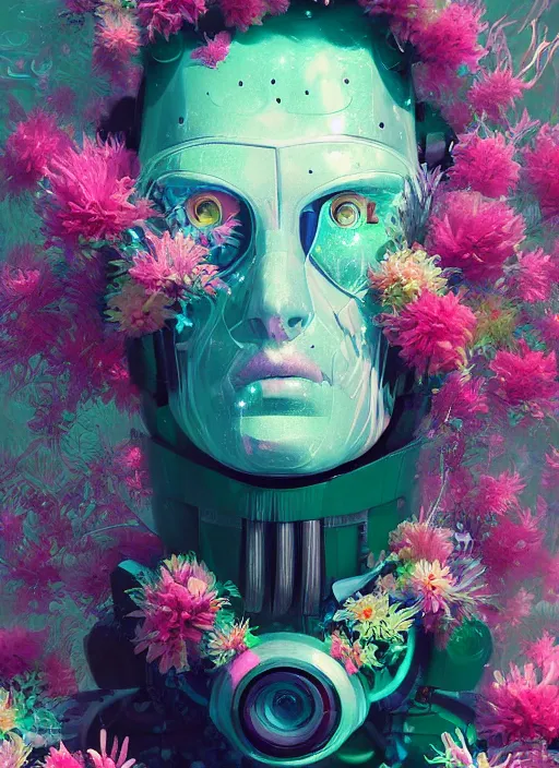 Prompt: !!!!!! closeup, underwater digital painting of a robot wearing a suit made of flowers, cyberpunk portrait by filip hodas, cgsociety, panfuturism, abstract expressionism, scribbles, made of flowers, dystopian art, vaporwave