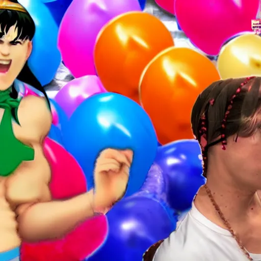 Image similar to street fighter 3rd strike gender reveal party balloon popping 4k realistic