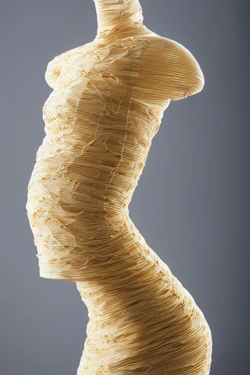 Image similar to A beautiful dress made out of a noodles, on a mannequin. High quality, high resolution, studio lighting