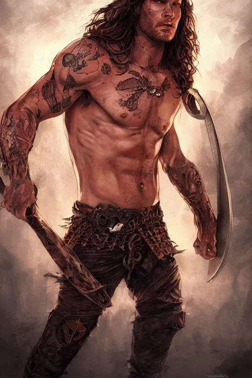 Prompt: book cover illustration style, front portrait of attractive sam winchester as a viking warrior, clothes torn apart, muscular chest tattooed with runes and symbols, d & d!, fantasy style, sharp focus!, ultra detailed, art by artgerm and peter andrew jones, wlop