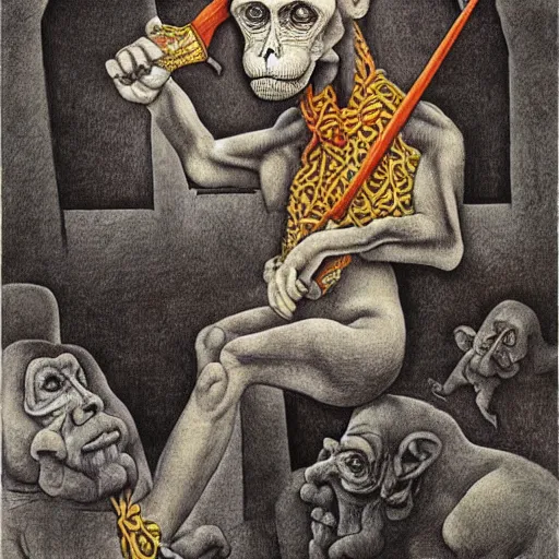 Image similar to Clever monkey with a long knife, very detailed and colorful, by Santiago Caruso, by M.C. Escher, by Michelangelo, beautiful, eerie, surreal, psychedelic